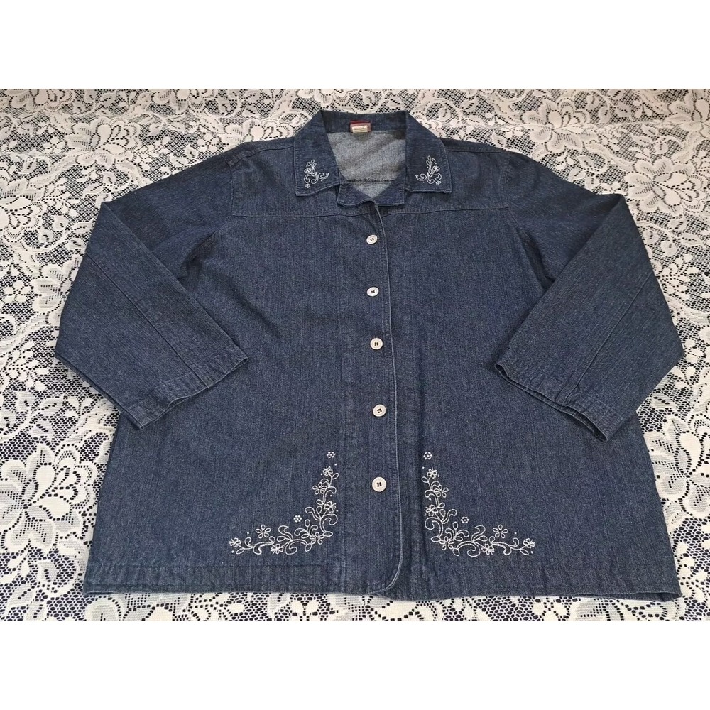 Tudor‎ Court Blue Denim Jacket Size XL Embroidered Details Pockets Longer length